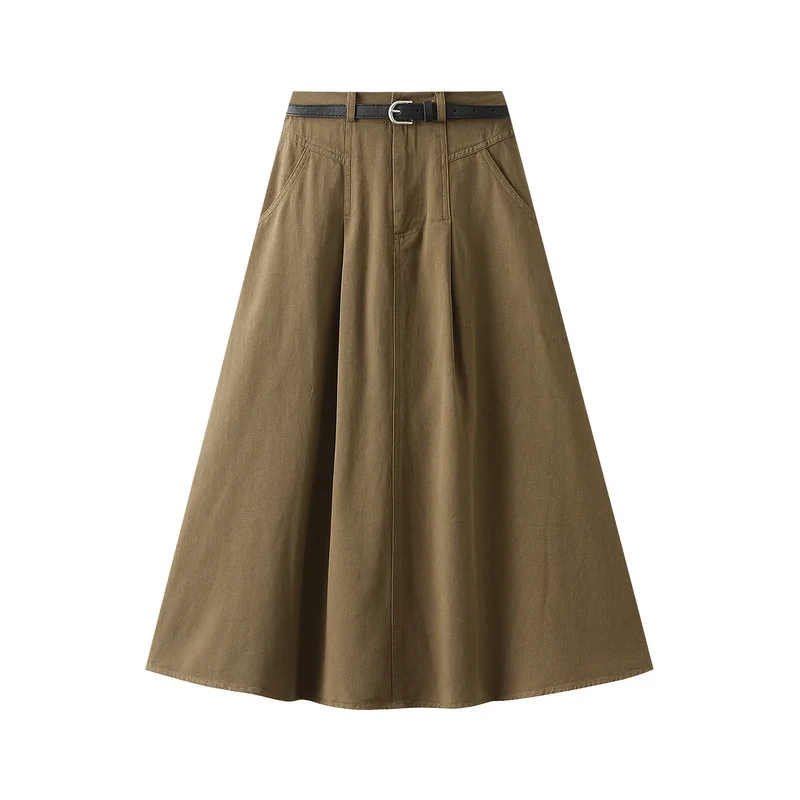 Vintage Corduroy with Belt Midi Skirts Women Autumn Winter High Waist Pleated Skirt Ladies Streetwear All Match A Line Skirt