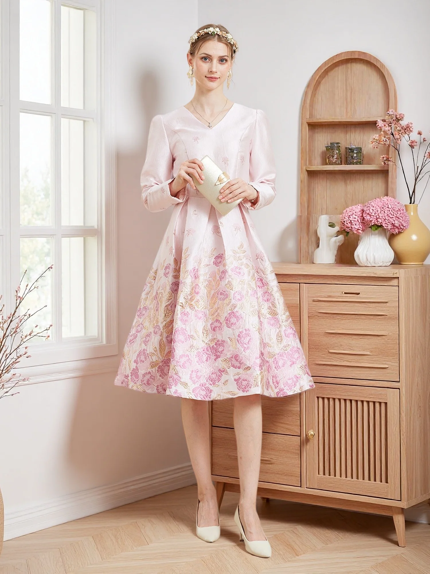 DEVCHATA Women's V-Neck Long-Sleeve Floral Jacquard Midi Dress Retro A-Line Pleated Silhouette for Weddings Tea Parties