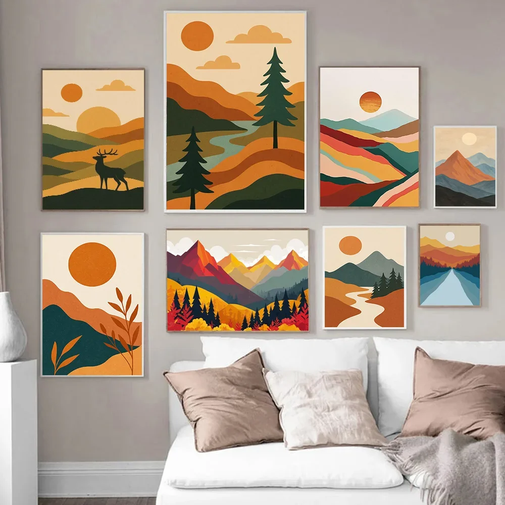 1PC Large-sized frameless canvas paintings,Boho Abstract Landscape Wall Art Mid Century Modern Canvas Painting Minimalist Sun Mo