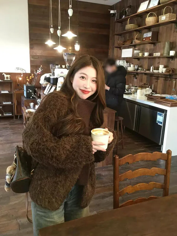 Winter with Scarf Plush Jacket Women Korean Loose Thick Furry Coats Y2K Vintage Streetwear All Match Warm Outerwear