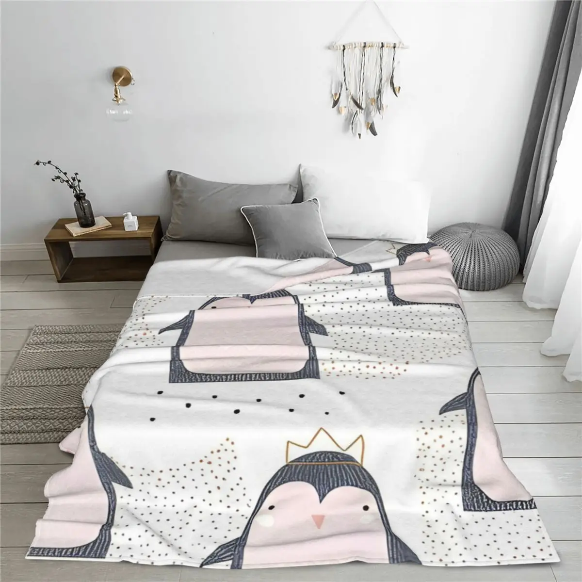 Christmas Penguin Cartoon Blanket Flannel Winter Merry Xmas Snowflake Breathable Ultra-Soft Throw Blanket Couch Plush Thin Quilt