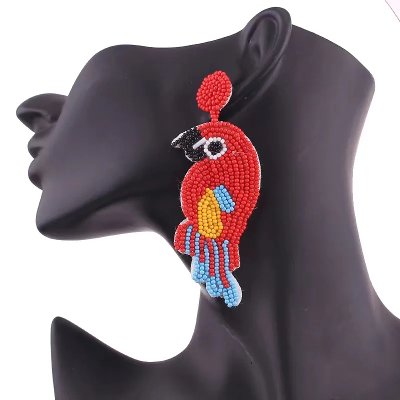 1 Pair Of Fashionable Red Parrot Rice Bead Earrings For Women's Temperament Party Earrings