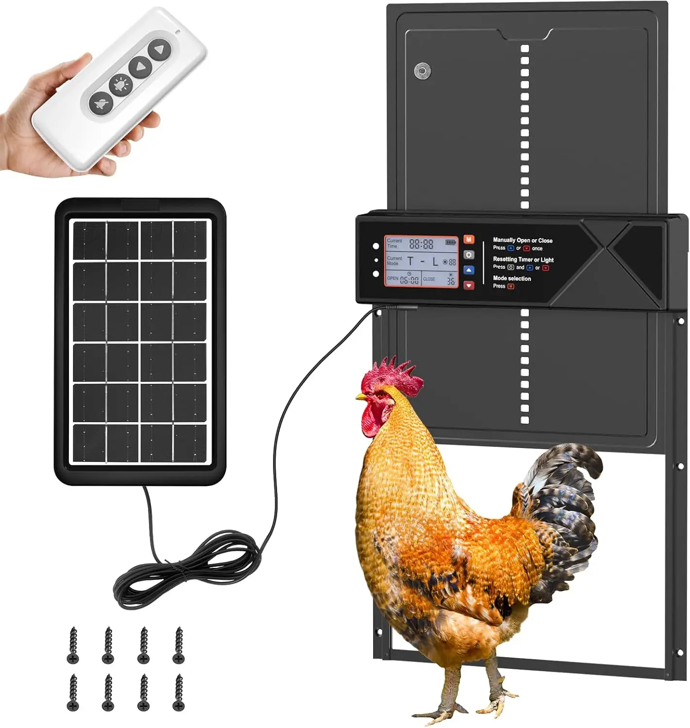 Automatic Chicken Coop Door Solar Powered,2000 mAh LCD Display Automatic Chicken Door with Timer & Light Sensor, Aluminum Alloy