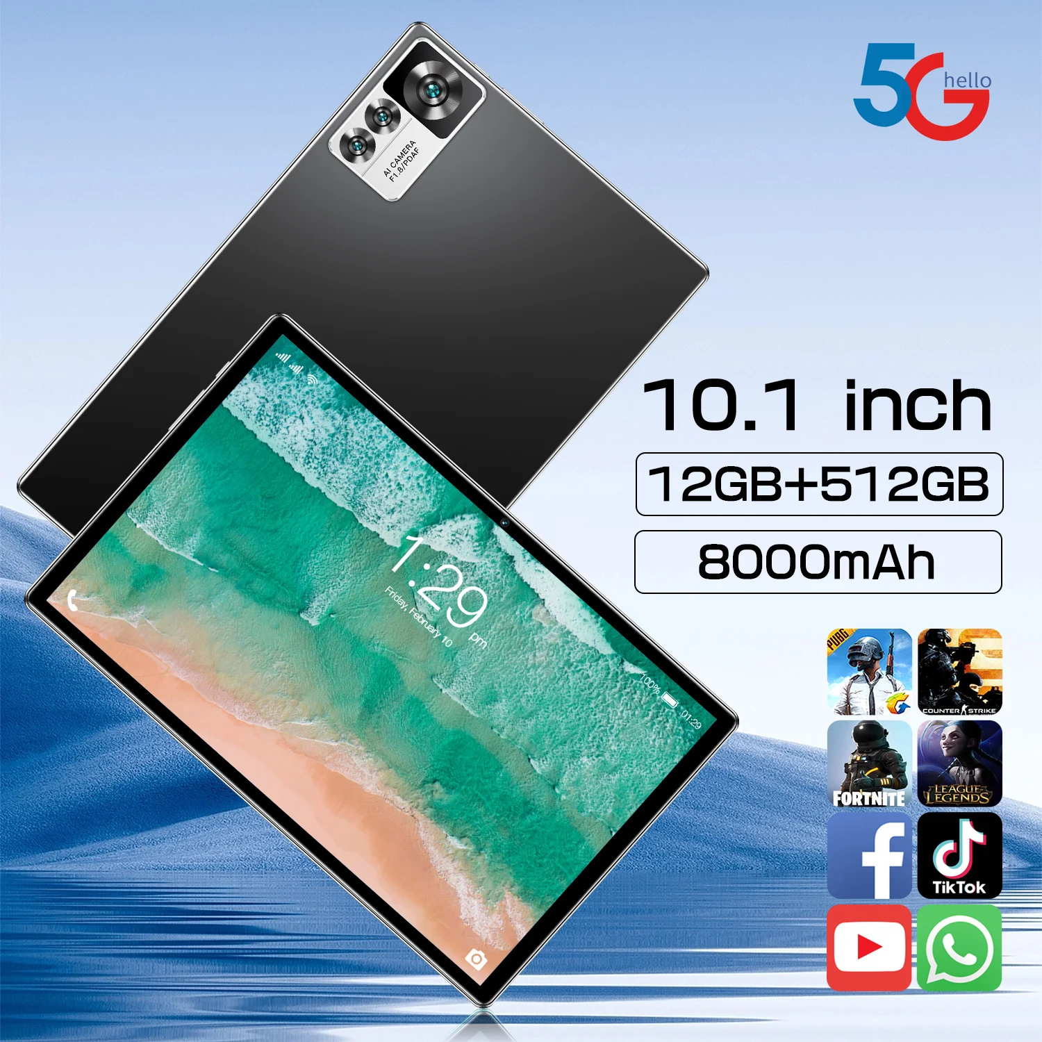 

New Global Model 12S Pro Android13 Tablet Battery life 10.1-inch HD 4K screen Dual SIM 16GB ROM Bluetooth Popular Tablet PC 2024