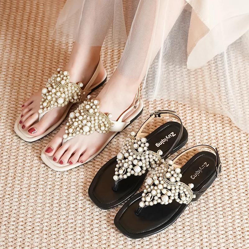 

Gorasion Women's Summer Crystall Pearl Flat Slippers Women Elegant Clip-toe Exposed Flip Flops Female Buckle Strap Flat Sandals