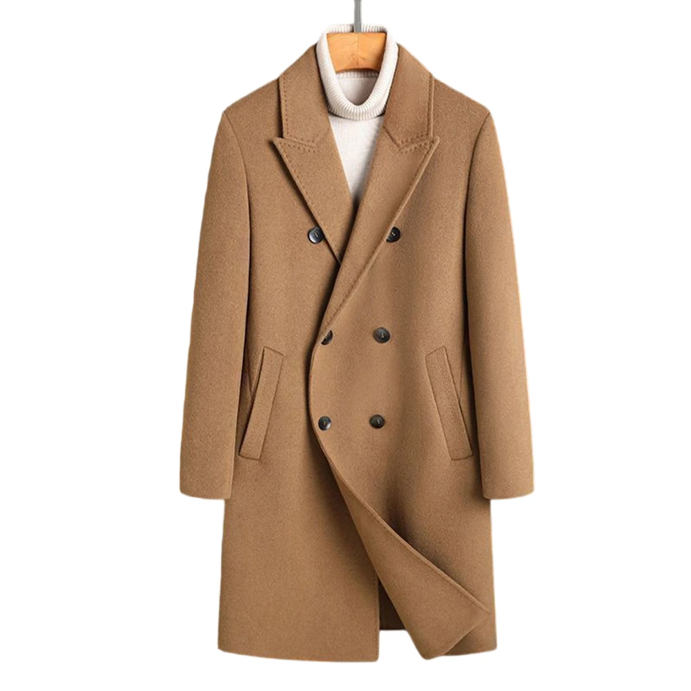 Double Breasted Thickened Woolen Coat Jacket for Men Extra Long Lapel Business Outerwear for Daily and Holiday