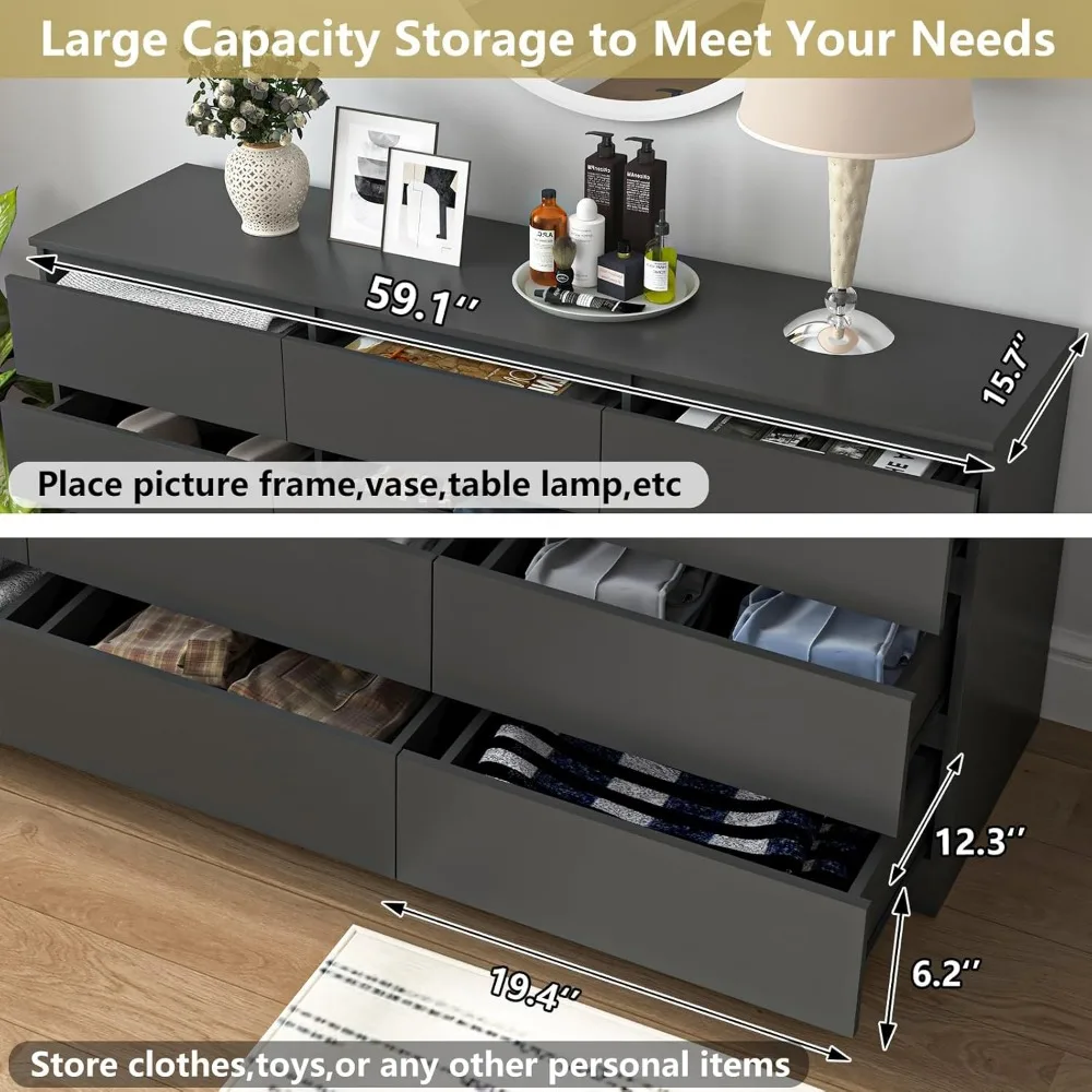 Zwart dressoir voor slaapkamer, modern lang 12-lade dressoir met diepe lade, houten opbergkast, slaapkameropslagorganisator