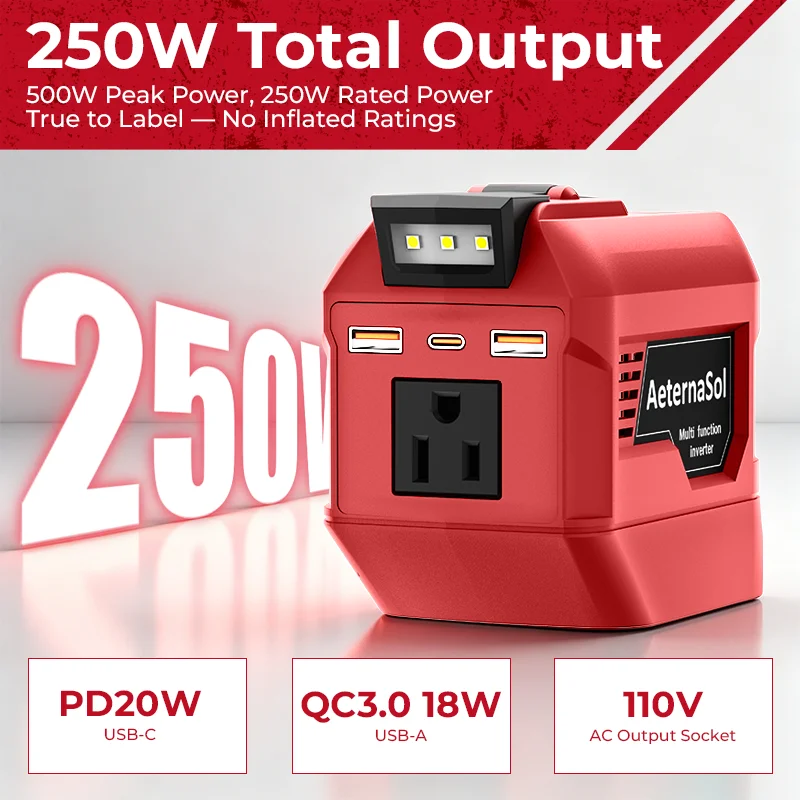 (US Stock 2-5 Days) AeternaSol 250W Power Inverter For Milwaukee M18 18V Battery 48-11-1820 48-11-1850 48-11-1860 Portable Power Station 110V AC 500W Peak Surge QC3.0 USB 20W PD 20W Type-C LED Work Light Job Site Garage Automotive Emergency Backup