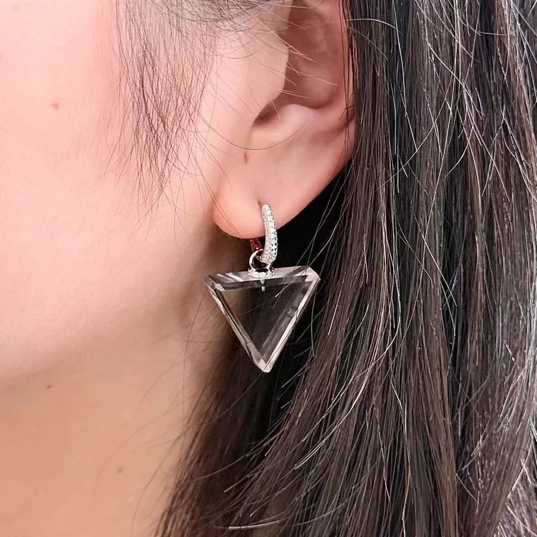1 Pair Fengbaowu Natural Rock Quartz Earring Pendant Triangle Shape 925 Sterling Silver Reiki Healing Stone Fashion Jewelry Gift