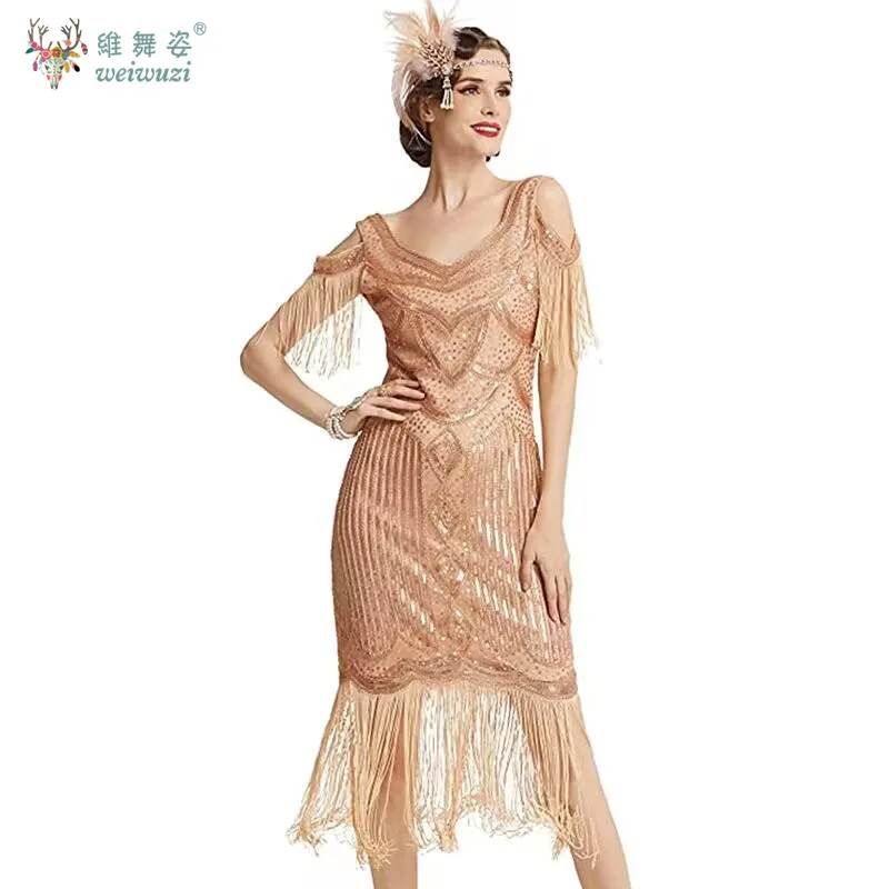 

Women Slimming Retro Party Sequined Beaded Tassels V Neck Hollow Shoulder Dress Gatsby Themed or Palace Party Evening Dress