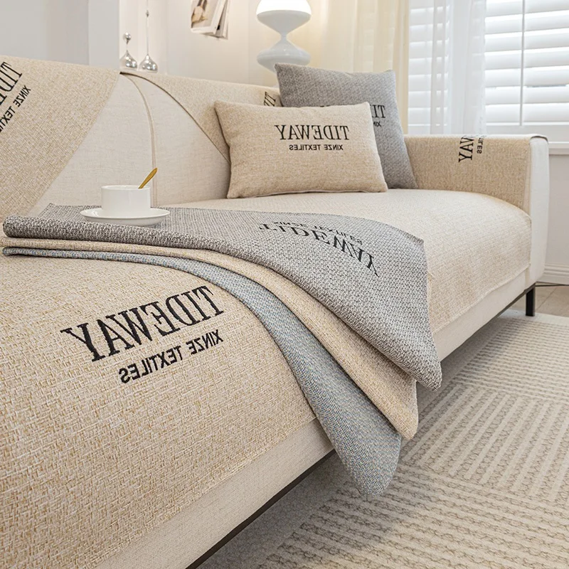 Linen Sofa Cover Solid Colour Embroidered  Sofa Cover For Living Room Non-Slip Cotton Backrest Arm Cushions 1 2 3 4 Seater Sofa