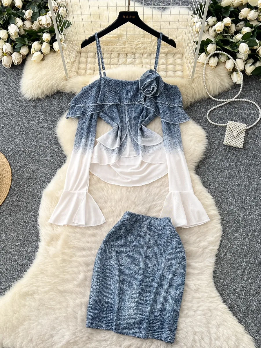

Foamlina Fashion Cutout Shoulder Flared Sleeve Slit Sling Top Shirt & Bodycon Mini Short Skirt 2 Piece Set Girl Slim Fit Outfit
