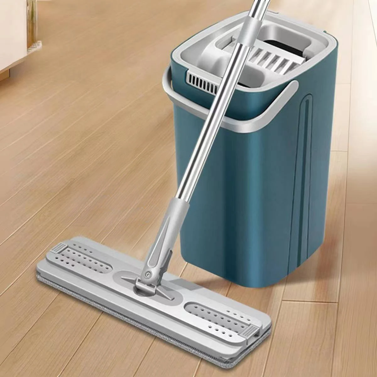 Wischmopp Bodenwischer-Set, mit 125 cm Flachmopp und Bodenreinigungsset, selbstreinigendes Waschsystem, Doppelkammereimer