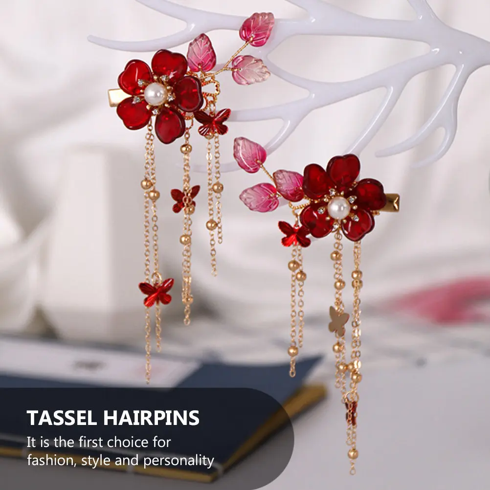 

1Pair Premium Pomegranate Flower Hairpins with Elegant Tassel Retro Alloy Hair Clip for Women Perfect Birthday Wedding