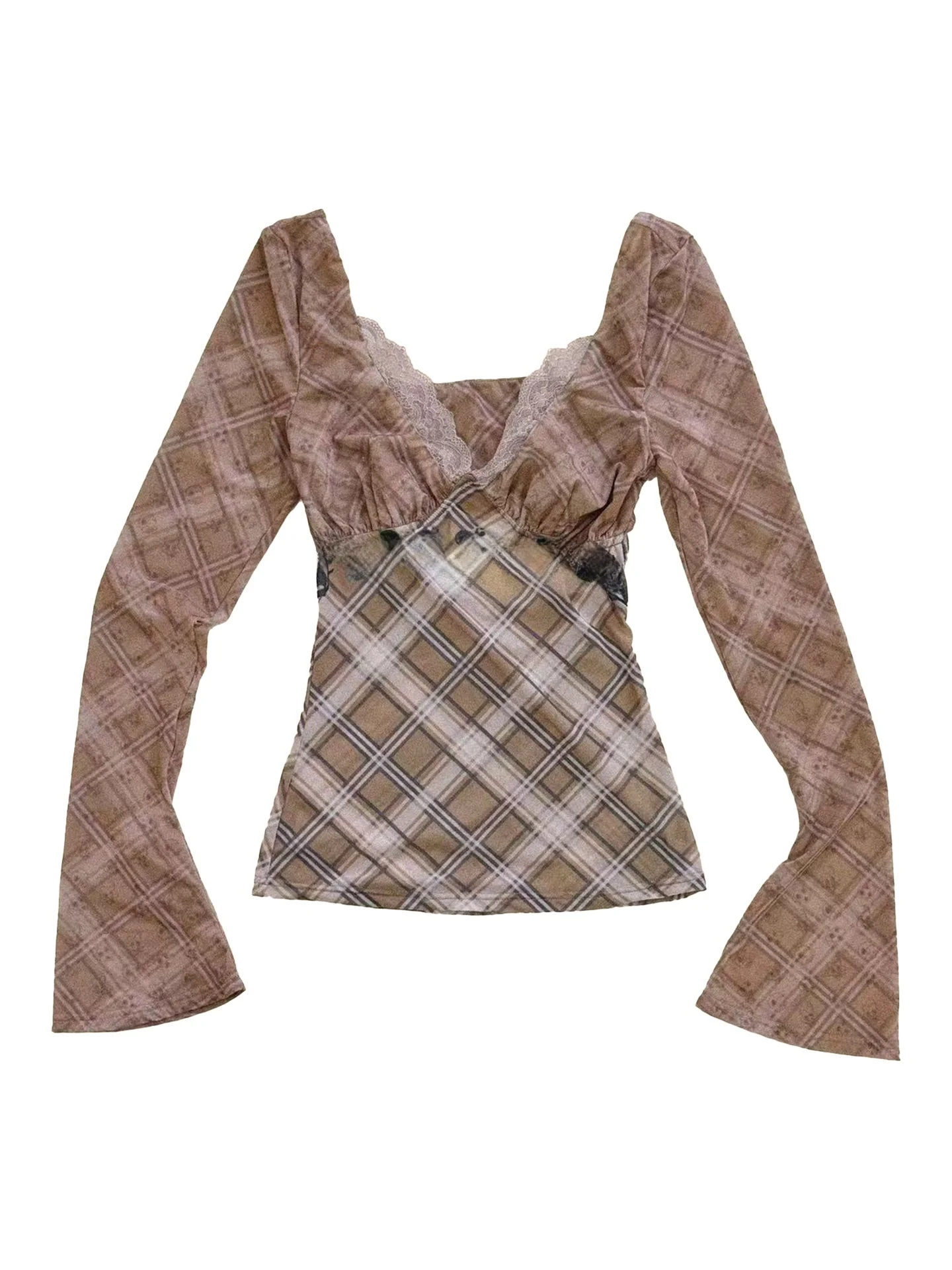 

Korean Sle Plaid Long Sve Base Layer Top Lace Trim Me Fourfor Eyes T-irt Slim Fit Nylon Spandex V Ne Autumn 2025