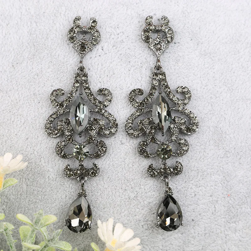 Vintage Jewelry Accessories Goth Classic Elegant Long Black Floral Gems Crystal Rhinestone Dangle Drop Earrings for Women