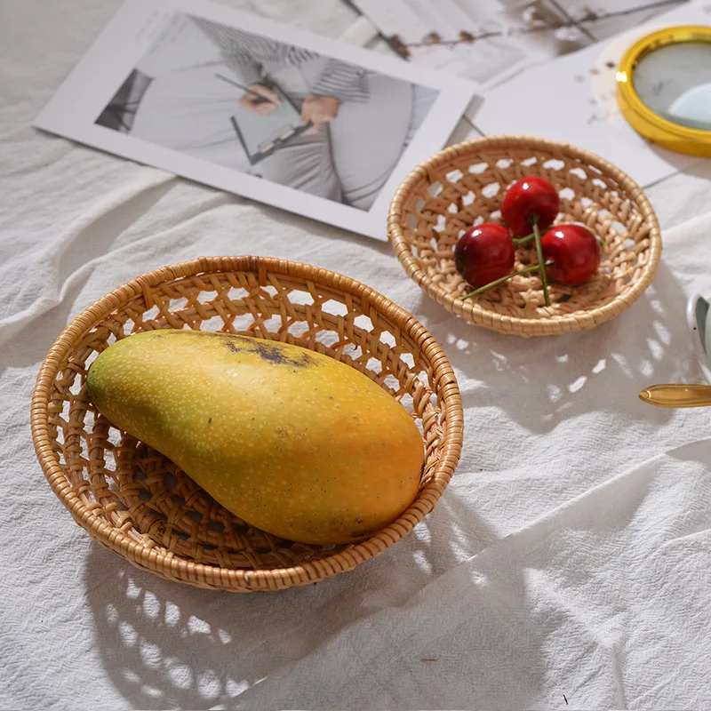 

HeMu Handmade rattan woven hollow towel tray candy snack nut melon seed plate fruit cake storage basket kitchen storage basket