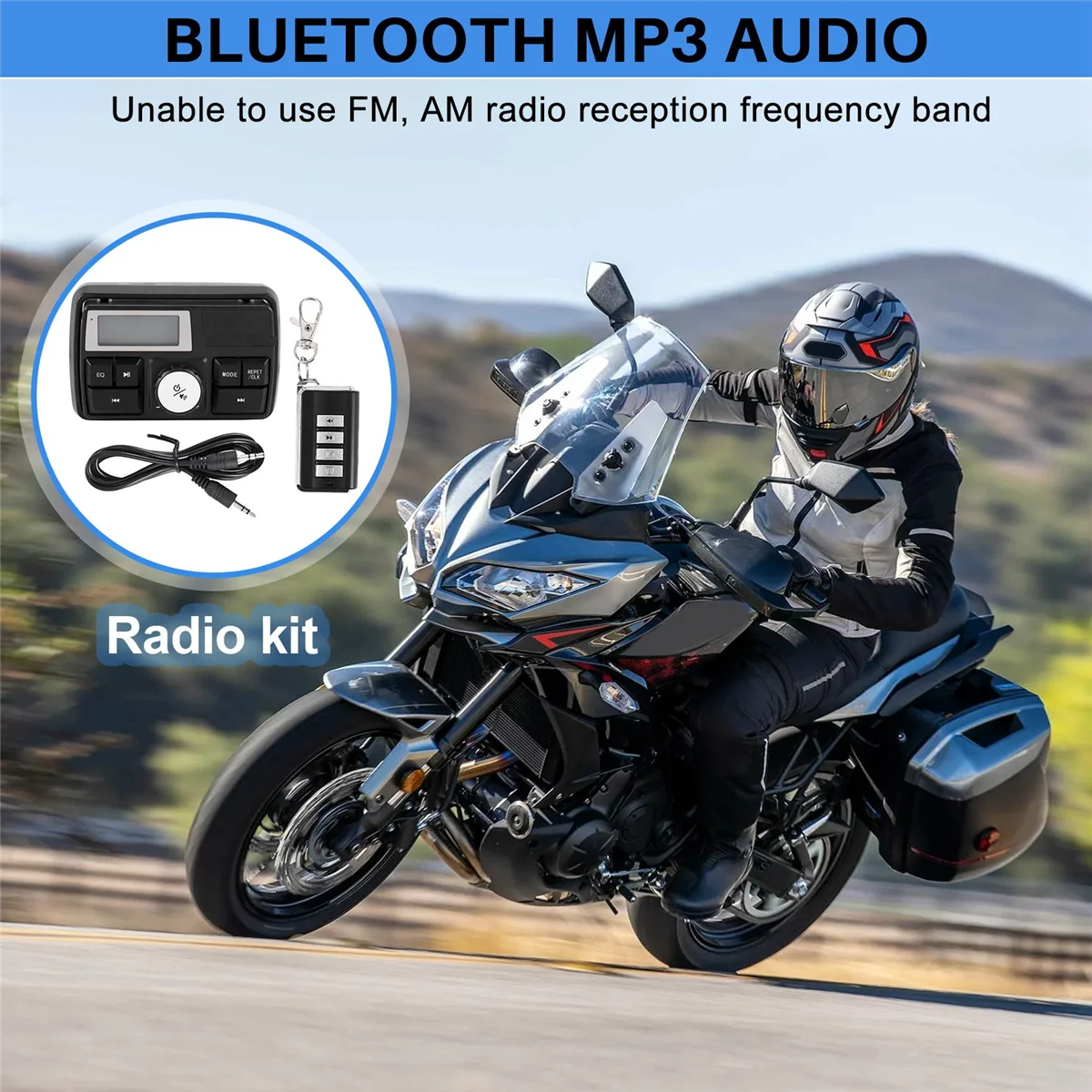 

B58A Motorcycle Audio MP3 Radio Sound System Stereo Speakers Bluetooth Waterproof FM 5 EQ Functions LCD Display USB/SD/TF