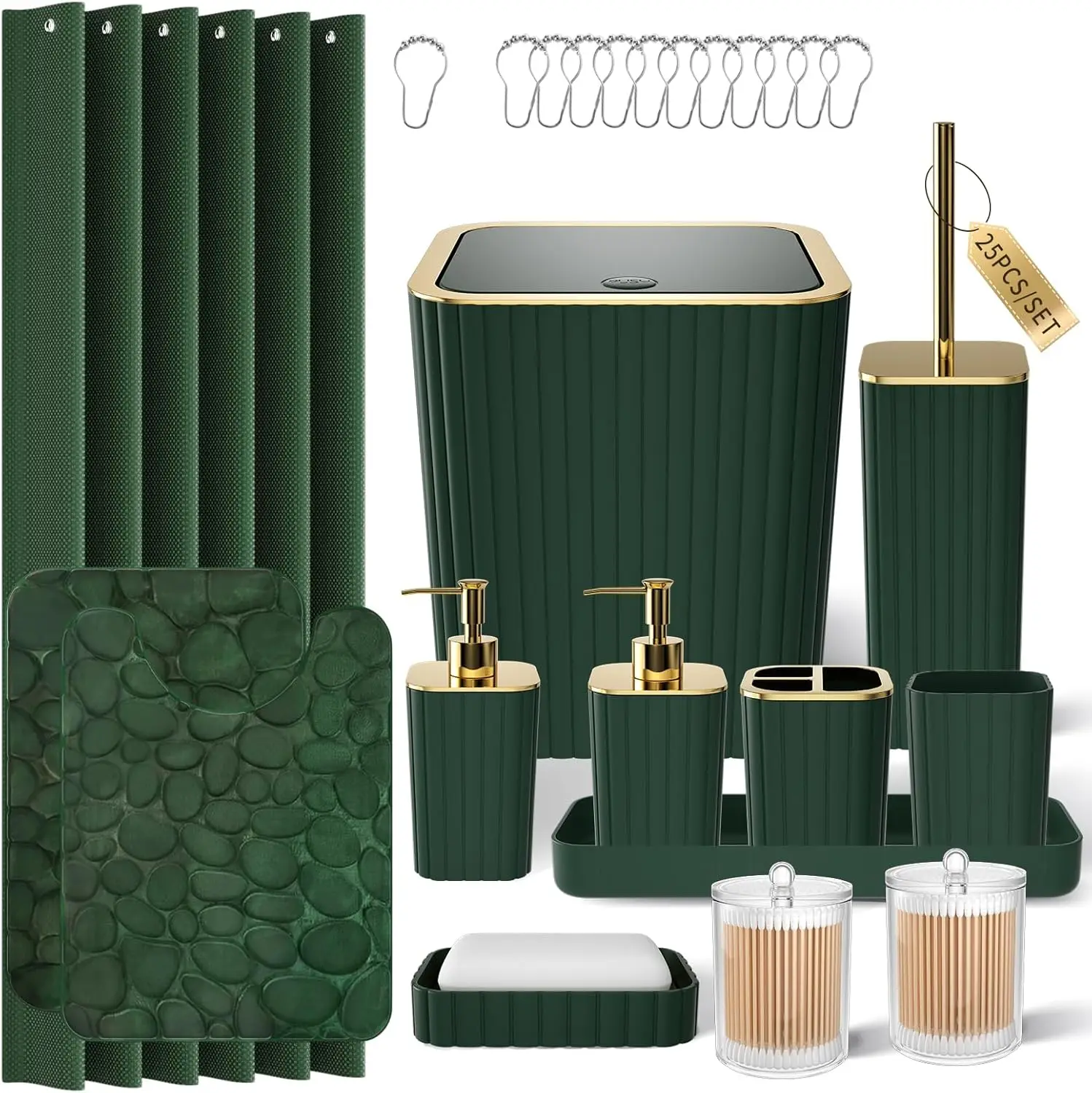 

25-Piece Green Bathroom Set with Shower Curtain, Rugs, Trash Can, and Accessories for Home Decor