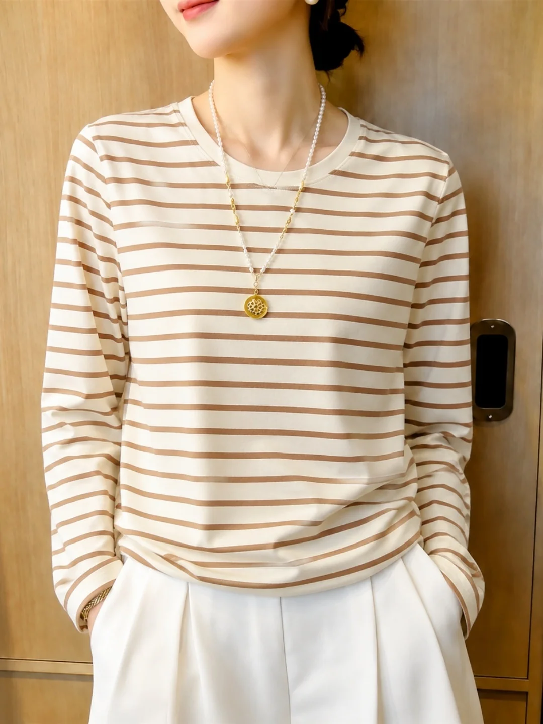 Fall New Arrival Long Sleeve T-Shirt Simple Style Color Block Striped Top Korean Design Fashionable Elegant Commute Wind Stra...