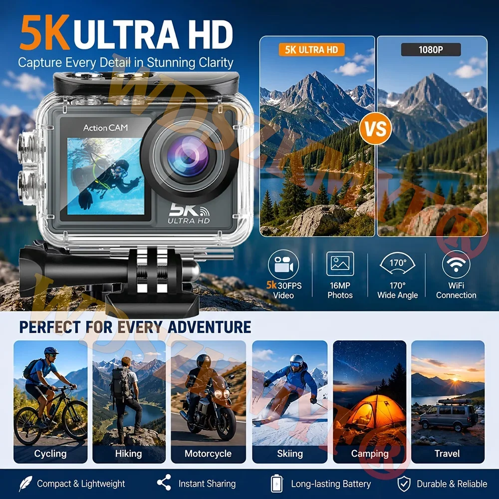 5K EIS Anti‑Shake Action Camera Touch Screen Waterproof Sports Camera Helmet Bike Mount For Motorcycle Bicycle Riding Recording