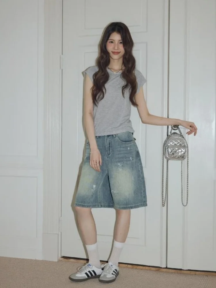 Retro Washed Denim Shorts Women's Summer High Waist Loose Street Style Five-Quarter Pants Worn-look Casual Wide Leg Trousers