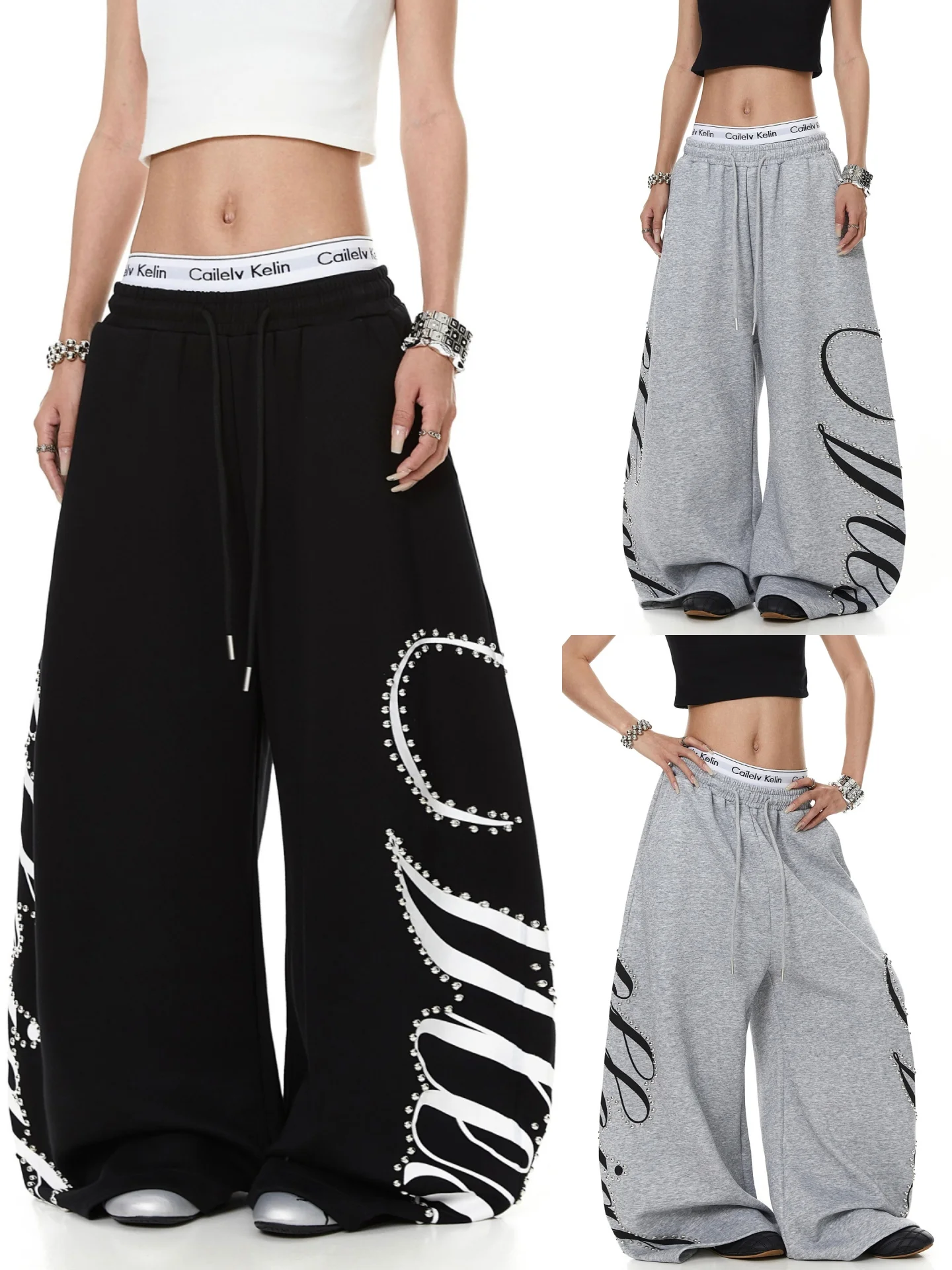 American Style Heavy Duty Embroidered Letter Print Dancing Loose Wide Leg Pants for Women Spring Autumn Design Sensation