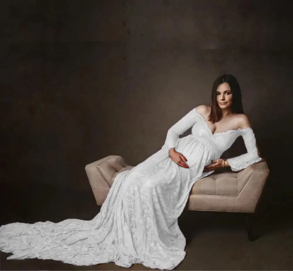 Fashion Maternity Dress for Photo Shoot Maxi Maternity Gown Long Sleeves Lace Stitching Fancy Women Maternity Photography Props