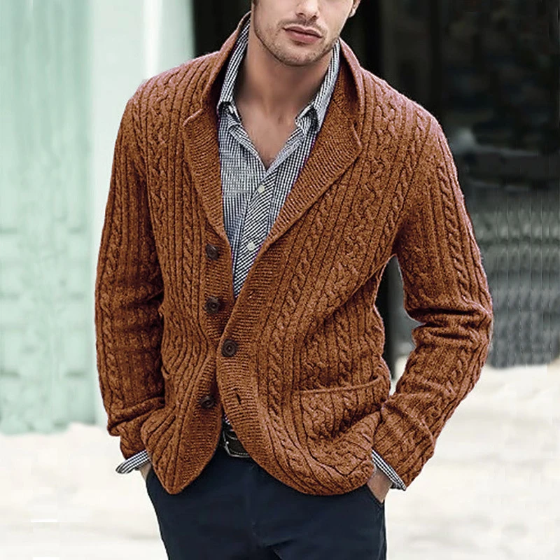 

Lapel Sweatercoats Men Autumn Winter Casual Long Sleeve Knitted Jacket Coats Men's Fashion Twist Texture Cardigan