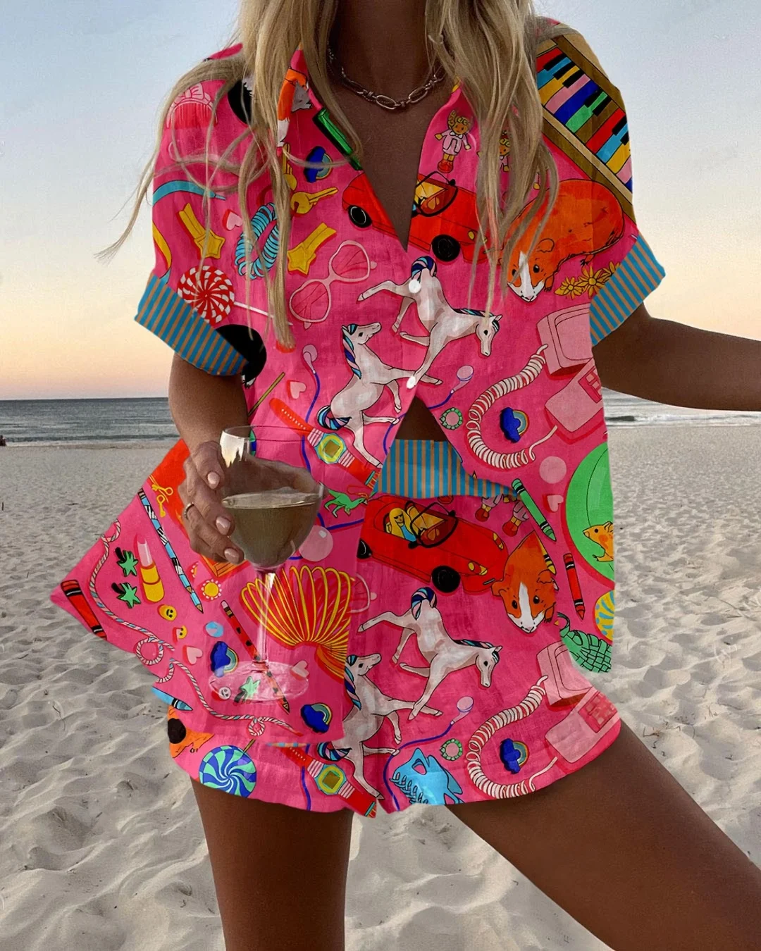

2025 Summer Vacation 2-Piece Shorts set 3D Printed Seaside Tropical Casual Lapel Shirt Blouse Shorts Suits Beach Holiday