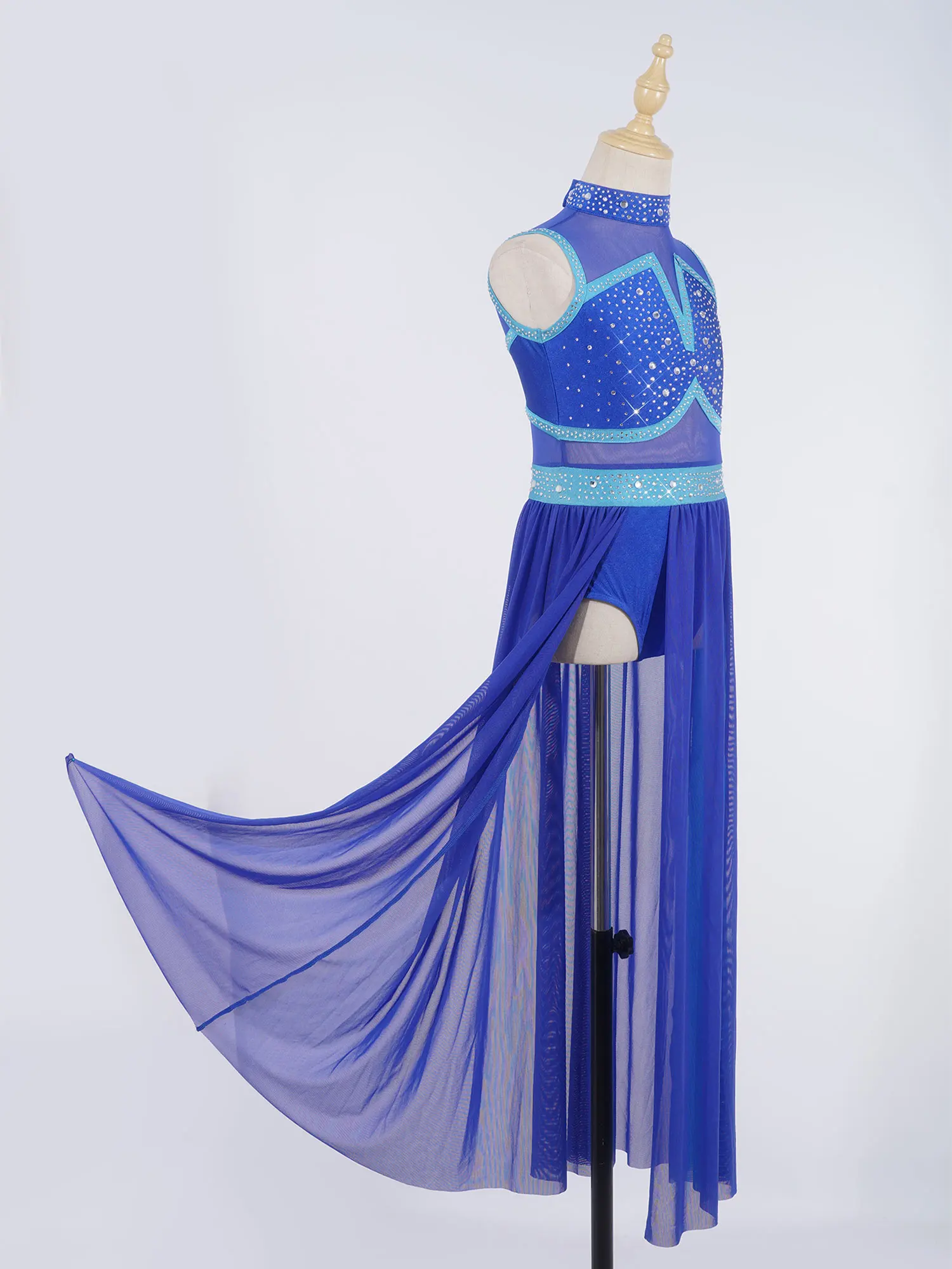 

Платье для лирического танца для девочек, с блестками, без рукавов, с сетчатыми вставками, макси-юбкой и разрезом, для балета, современного и хореографического танца