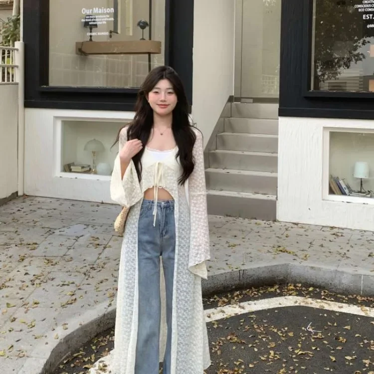 

2025 Summer New Lace Oversized Cardigan Y2k E-Girl V-neck Up All-match Shirts Mujer Mid-length Long Sleeve Tops Women