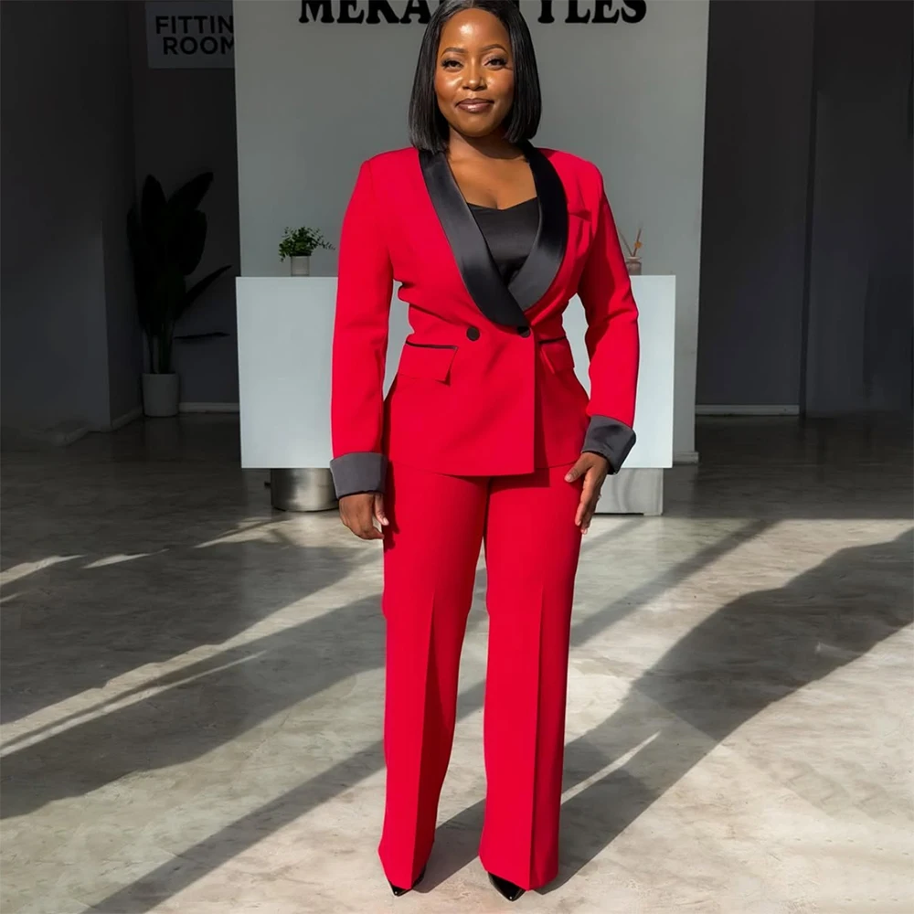 

Slim Fit Women's Suits 2026 Red Double Breasted Long Sleeve Blazer With Black Shawl Lapel 2 Piece Jacket Pants Outfits