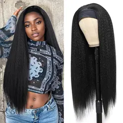 Synthetic Yaki Straight Headband Wigs for Black Women Long Kinky Straight Hair Band Attached Half Wig Full Machine Made Wig