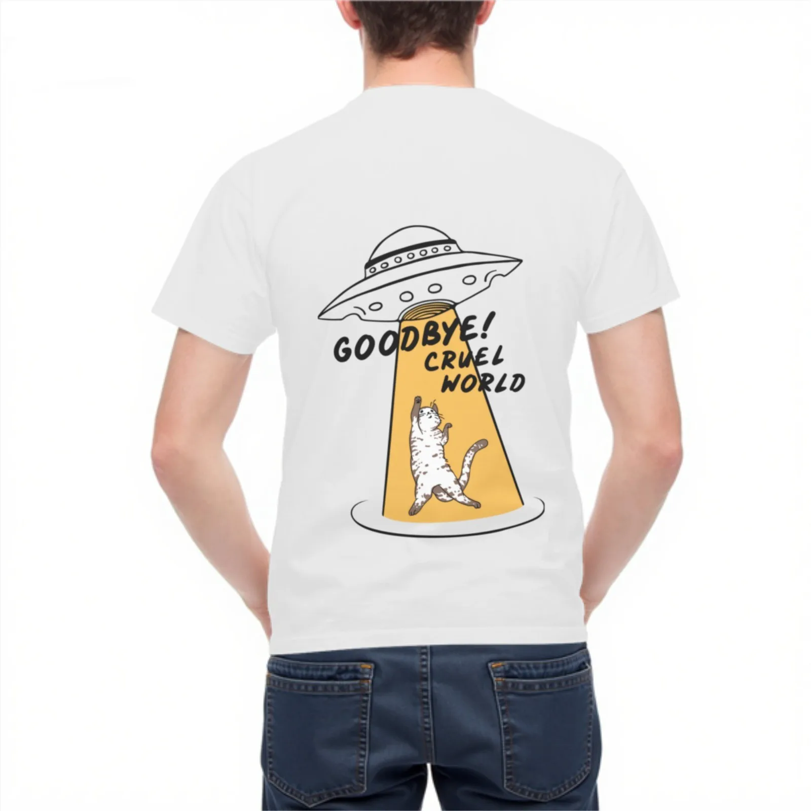 Goodbye Cruel World Cat UFO Abduction Graphic Tee Funny Alien Print Casual Cotton T-Shirt