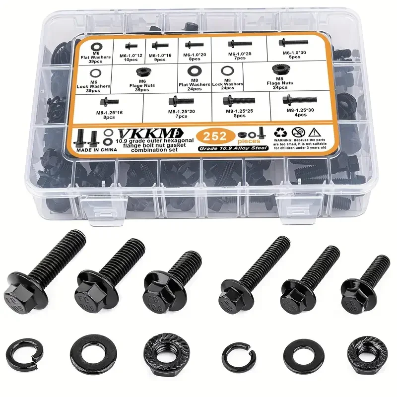 252pcs M6-1.0 M8-1.25 Flange Hex Head Bolt Nut Washer Kit 10.9 Grade Alloy Steel Black Zinc Plated