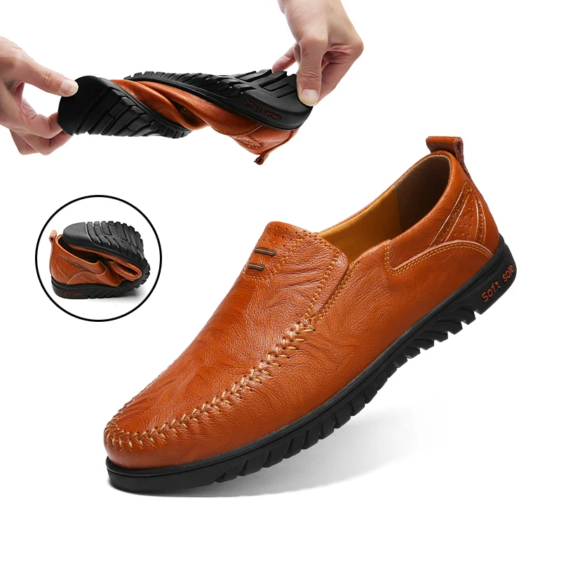 Zapatos informales de piel auténtica para hombre, mocasines cómodos a la moda, zapatillas planas para conducir, talla grande 37-47