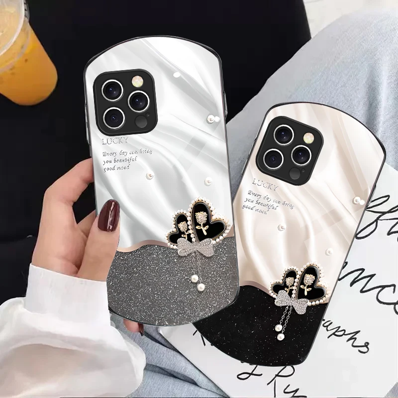 

Diamond Love Knot For IPhone 16 Pro Max 11 12 Mini 13 14 P Lus 15 Plus 7 8 Se 2020 X Xs Elliptical Tempered Glass Phone Case