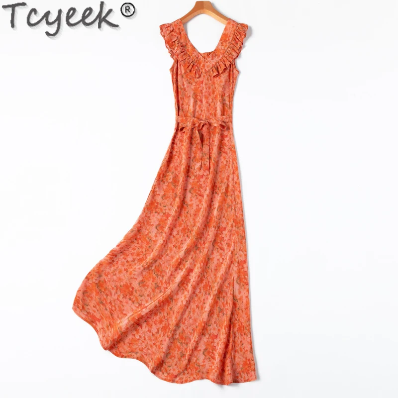 

Tcyeek 100% Real Mulberry Silk Elegant Women's Dresses Maxi Dresses for Women Clothes 2024 Summer Beach Dress Vestidos De Mujer