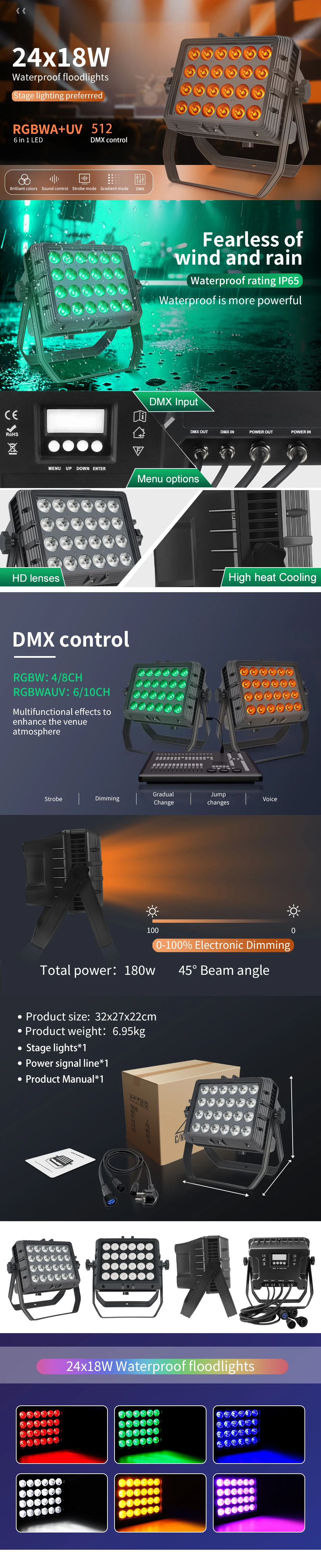 Wasserdichte Outdoor-Bühnenbeleuchtung 24x12W RGBW/24x18W RGBWA UV 6-in-1 LED Quadratisches Par-Licht Professionelle DJ-Disco-Ausrüstung Beleuchtung – Detail 1