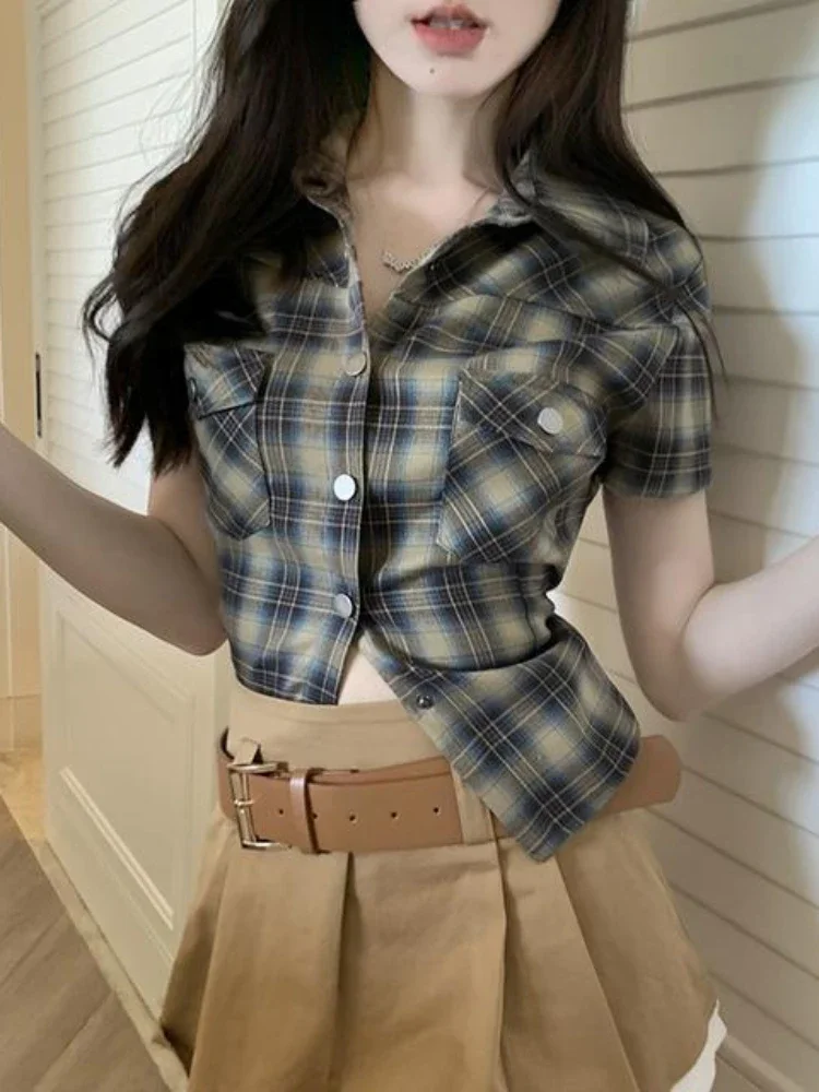 ADAgirl Vintage Plaid Short Sleeve Shirt Women American Retro Button Up Cardigan Blouse Female 90s Summer Sexy Cargo Slim Tops