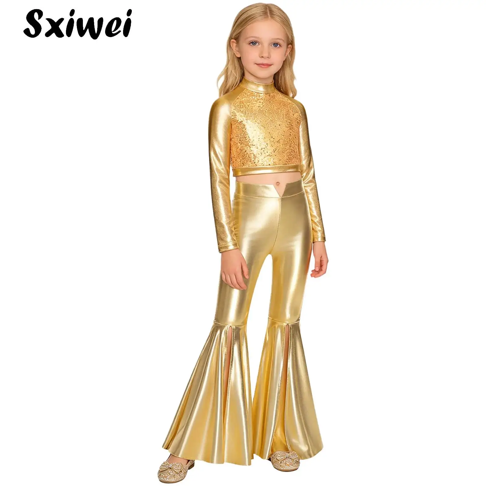

Shiny 70S Disco Hippie Costume Outfits Kids Girls Long Sleeve Sequin Crop Top And Split Bell-Bottom Pants Pageant Jazz Dancewear