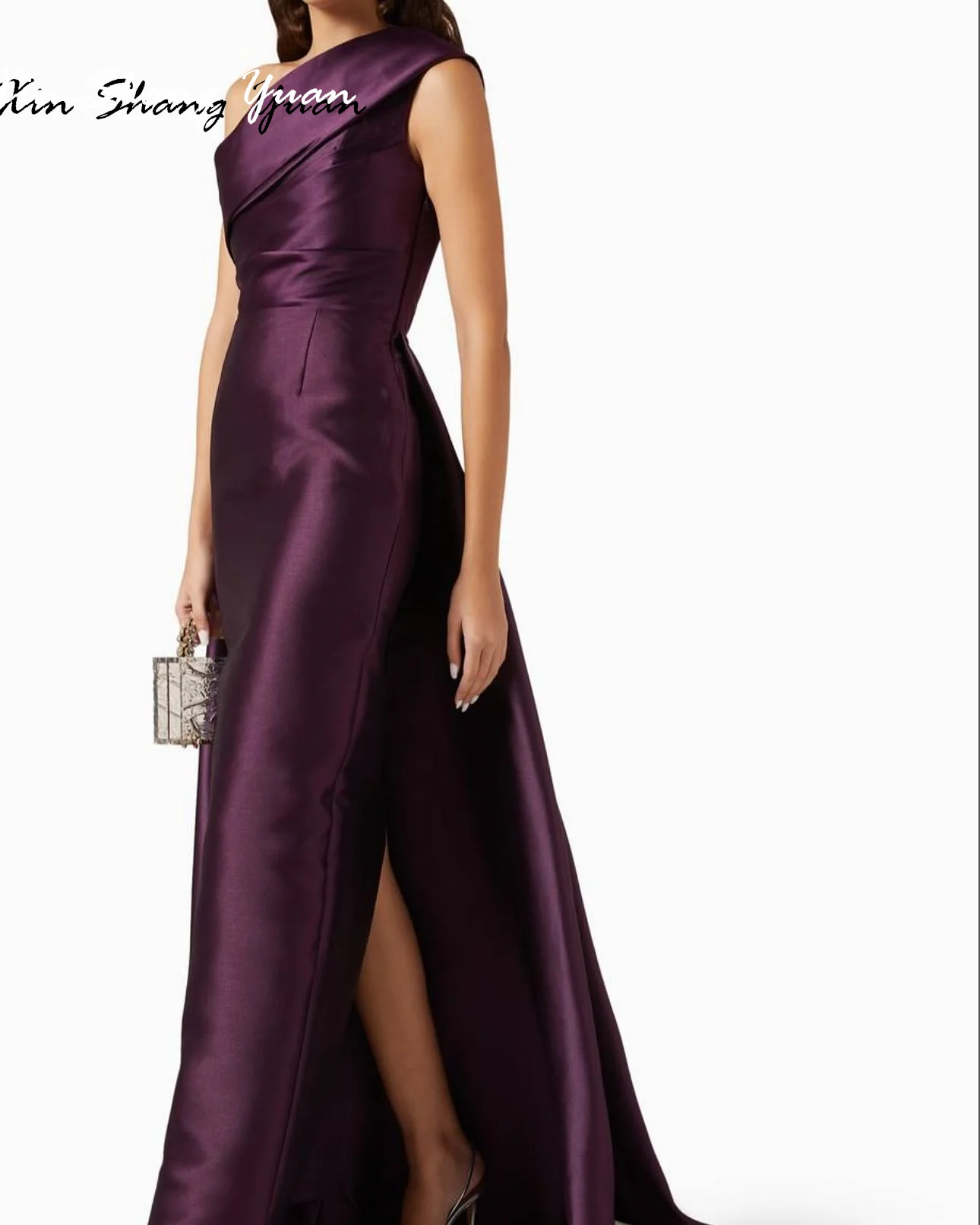 

Customized Evening Dress Delicate Satin One Shoulder Sleeveless Party Dresses Simple Straight Sweep Train Ruched Prom Gowns
