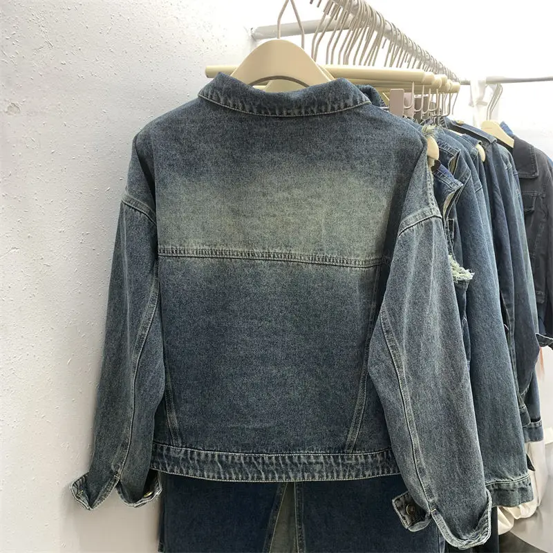 Fried Street Denim Jacket Women's Loose Tassel Burrs Jeans Coat Outwear 2024 Autumn New Vintage Five-Pointed Star Short Tops