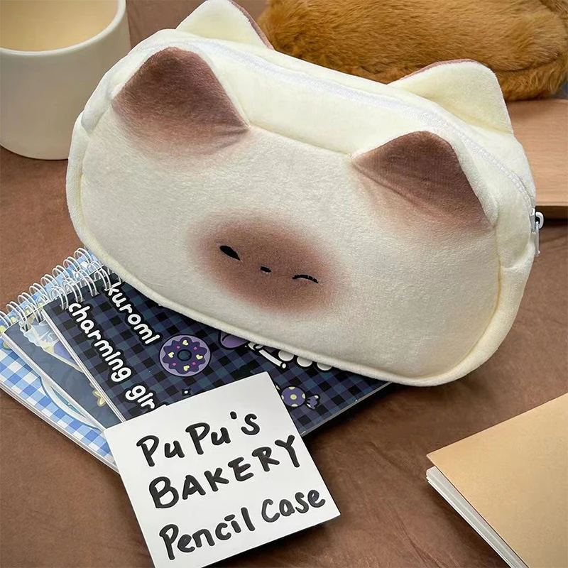 Cute French Toasted Pen Bag Plush Large Capacity Student Pencil Case Multi-function Funny Stationery Storage Bag Organizer