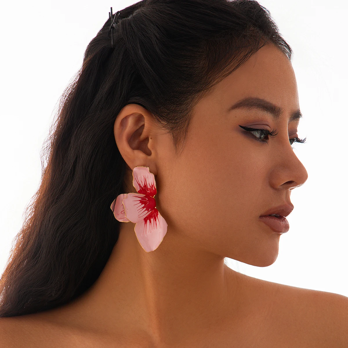 PuRui Vintage Pink Flower Eardrop Romantic For Women Gold Color Edged Four Petals Multiple Petals Flower Metal Earrings Jewelry