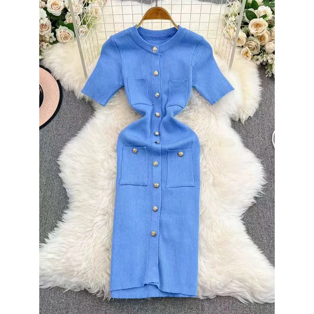 

Chic O-neck Elegant Short Sleeve Slim Single Breasted Pockets Dress High Street Women Vintage Korean Evening Summer Clothing