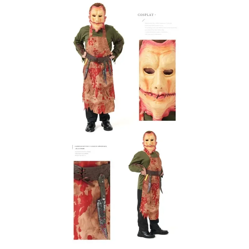 ハロウィン ゾンビ 新しいホラー シェフ マスク付き 血まみれの肉屋コスチューム