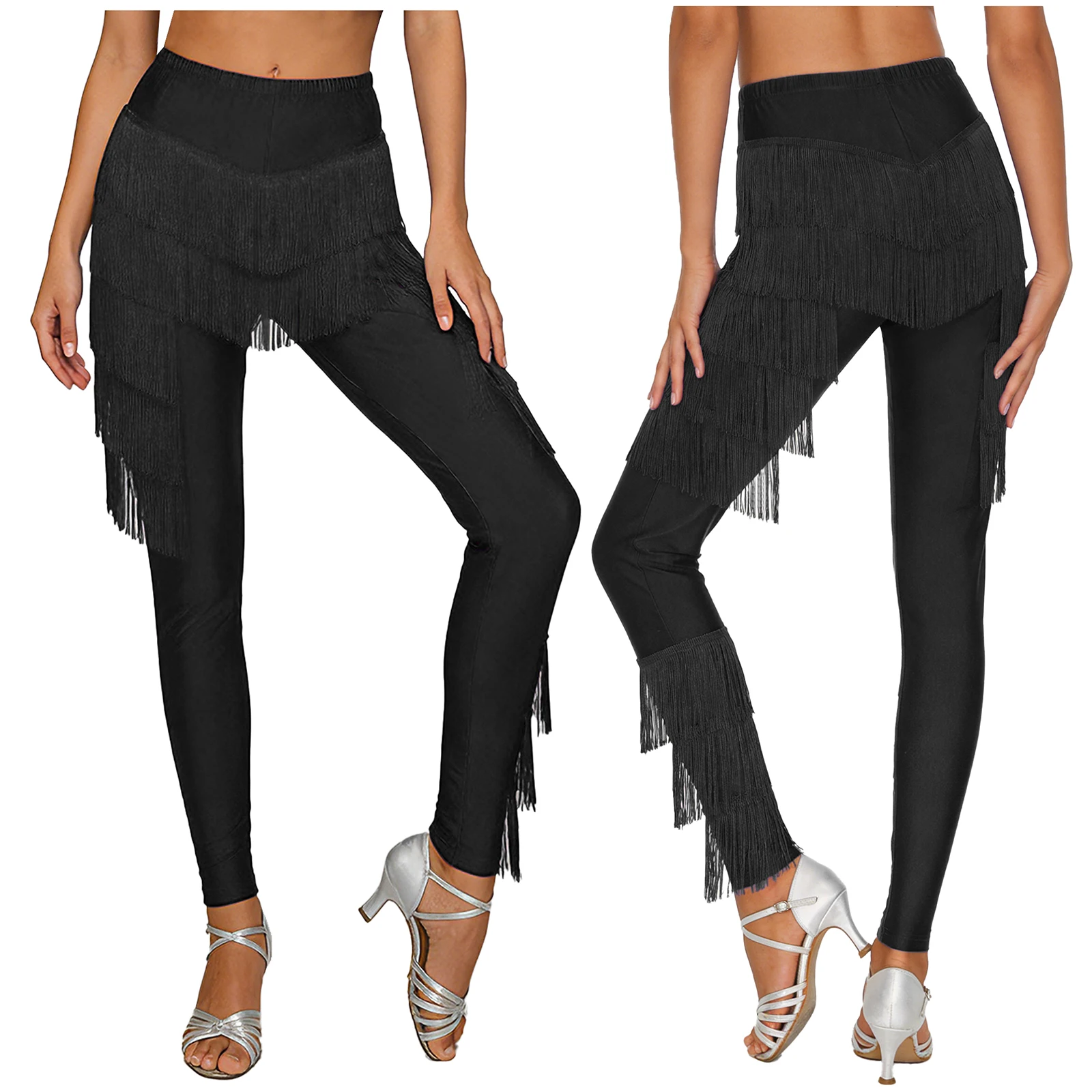 Frauen Latin Dance Tango Quaste Hosen Elastischer Bund Tiered Fransen Hosen für Cha-cha Rumba Ballsaal Salsa Bühne Leistung