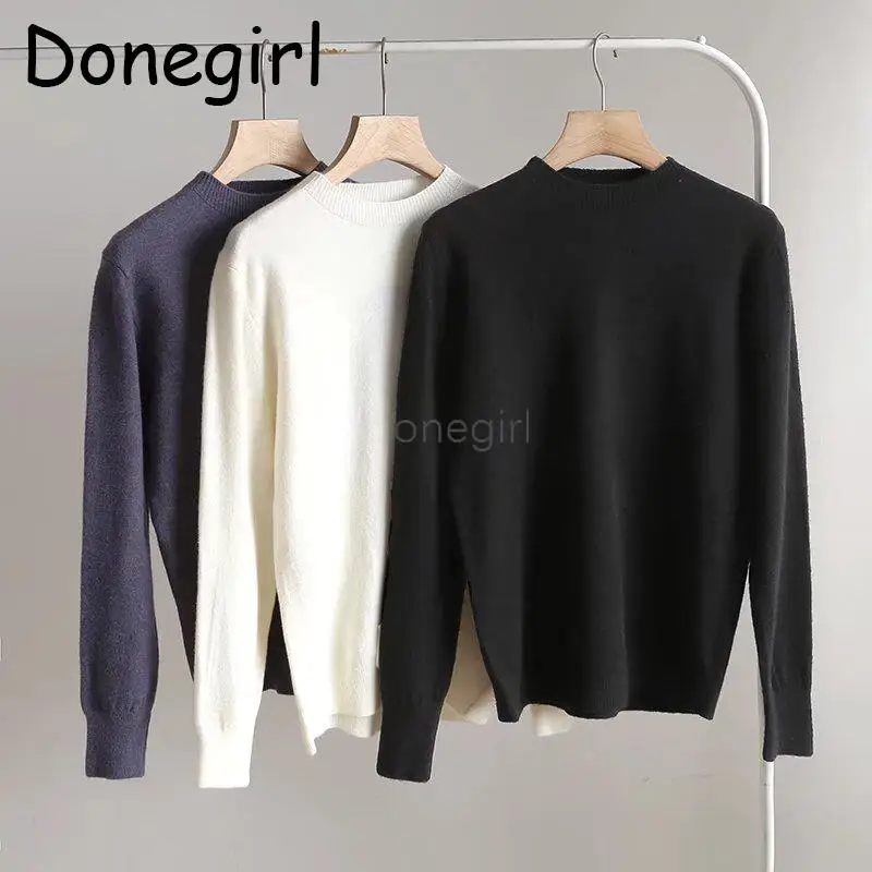 Donegirl 2023ใหม่ผู้หญิงฤดูใบไม้ร่วงสีพื้นคอกลมเสื้อกันหนาวแบบถักแฟชั่นลำลองอเนกประสงค์เสื้อสวมหัวเสื้อผ้าผู้หญิงเก๋ไก๋